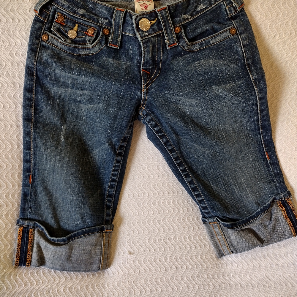 True Religion Dark Blue Jean Shorts with Copper Accents